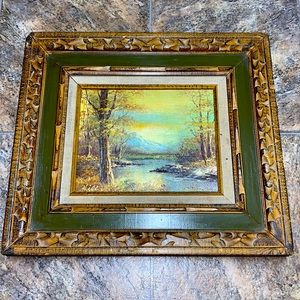 Vintage Mid-Century Signed Hill Canvas Oil Painting Trees Mountain Framed 17x15